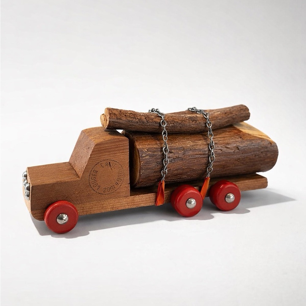 VINTAGE HANDMADE CALIFORNIA REDWOOD LOGGING LOGO TRUCK‎ WOODEN TOY SOUVENIR